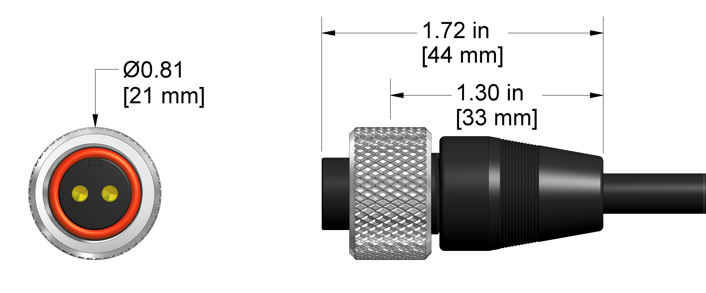 A line drawing showing the diameter and length of an assembled CTC A2A vibration sensor connector kit.