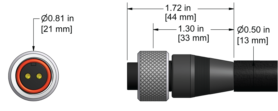 A line drawing showing the diameter and length of an assembled CTC A2L vibration sensor connector kit.