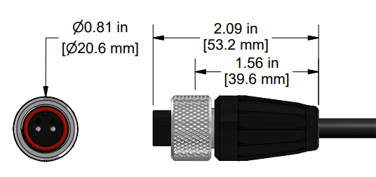 A line drawing showing the diameter and length of an assembled CTC A2NG vibration sensor connector kit.