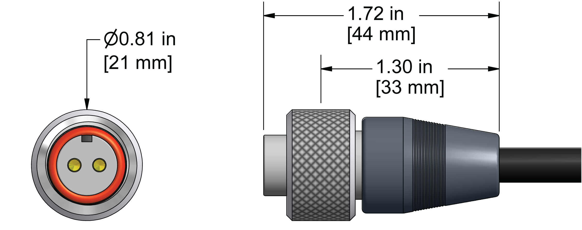 A line drawing showing the diameter and length of an assembled CTC A2R vibration sensor connector kit.