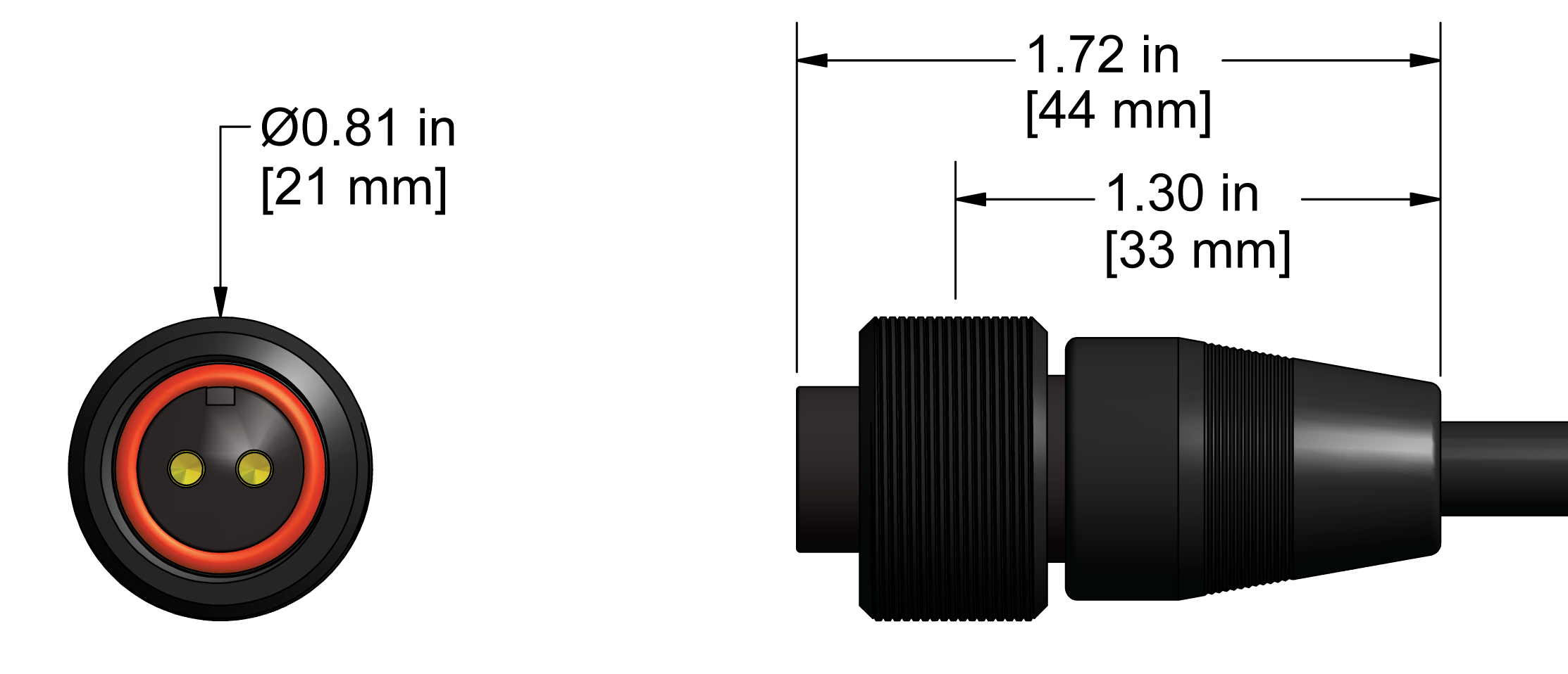 A line drawing showing the diameter and length of an assembled CTC A2S vibration sensor connector kit.