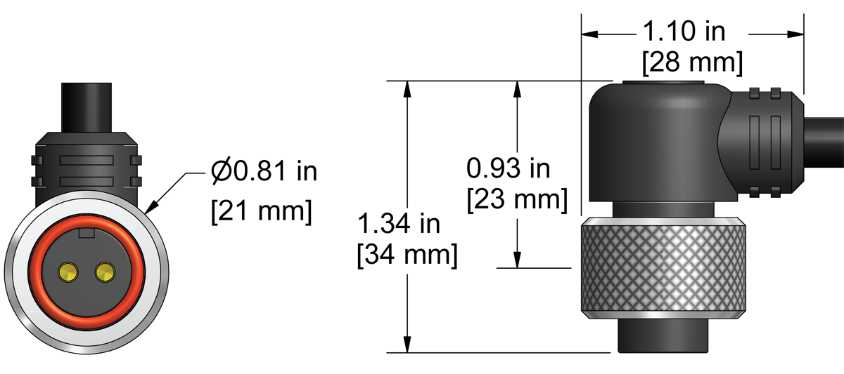 A line drawing showing the diameter and length of an assembled CTC A2U vibration sensor connector kit.
