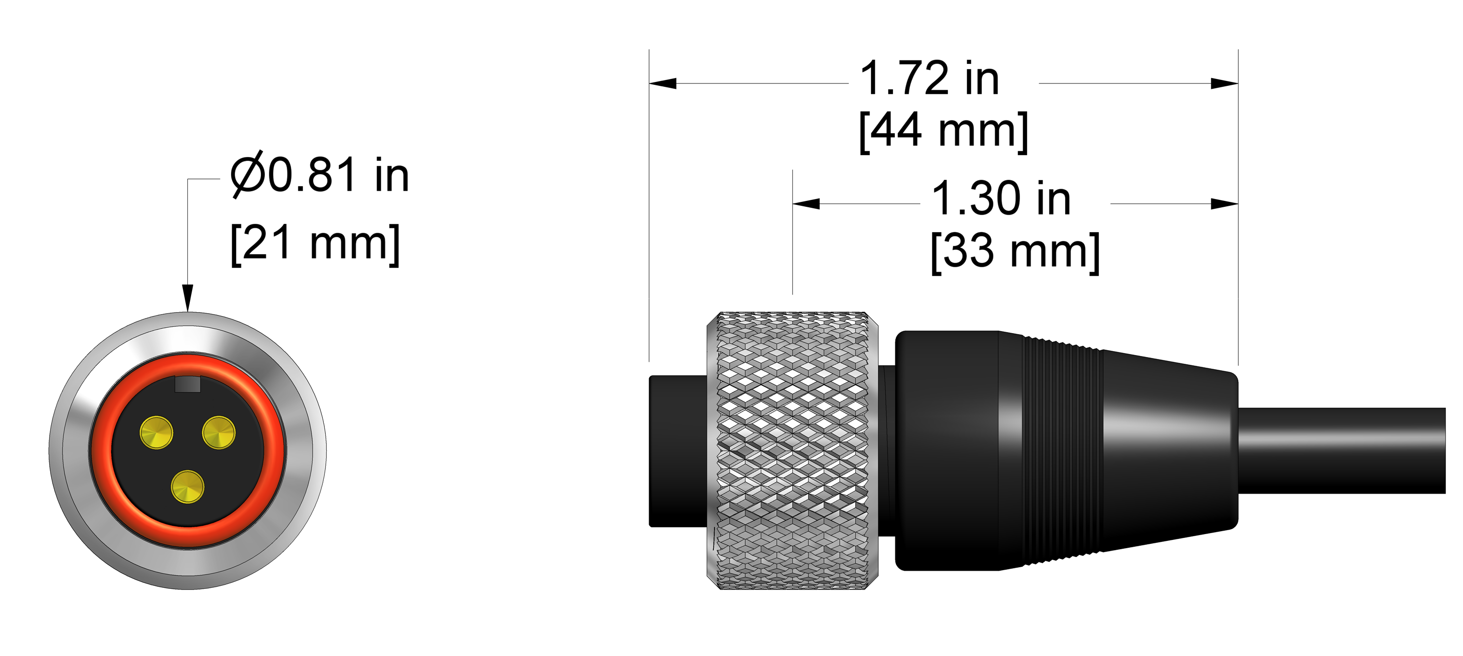 A line drawing showing the diameter and length of an assembled CTC A3A vibration sensor connector kit.