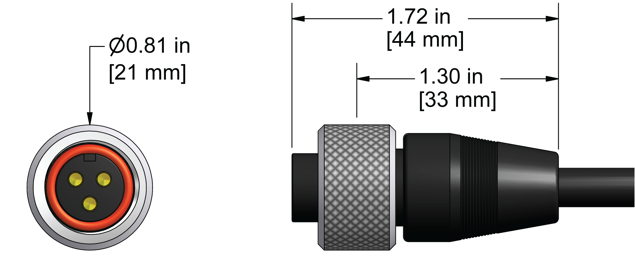 A line drawing showing the diameter and length of an assembled CTC A3P vibration sensor connector kit.