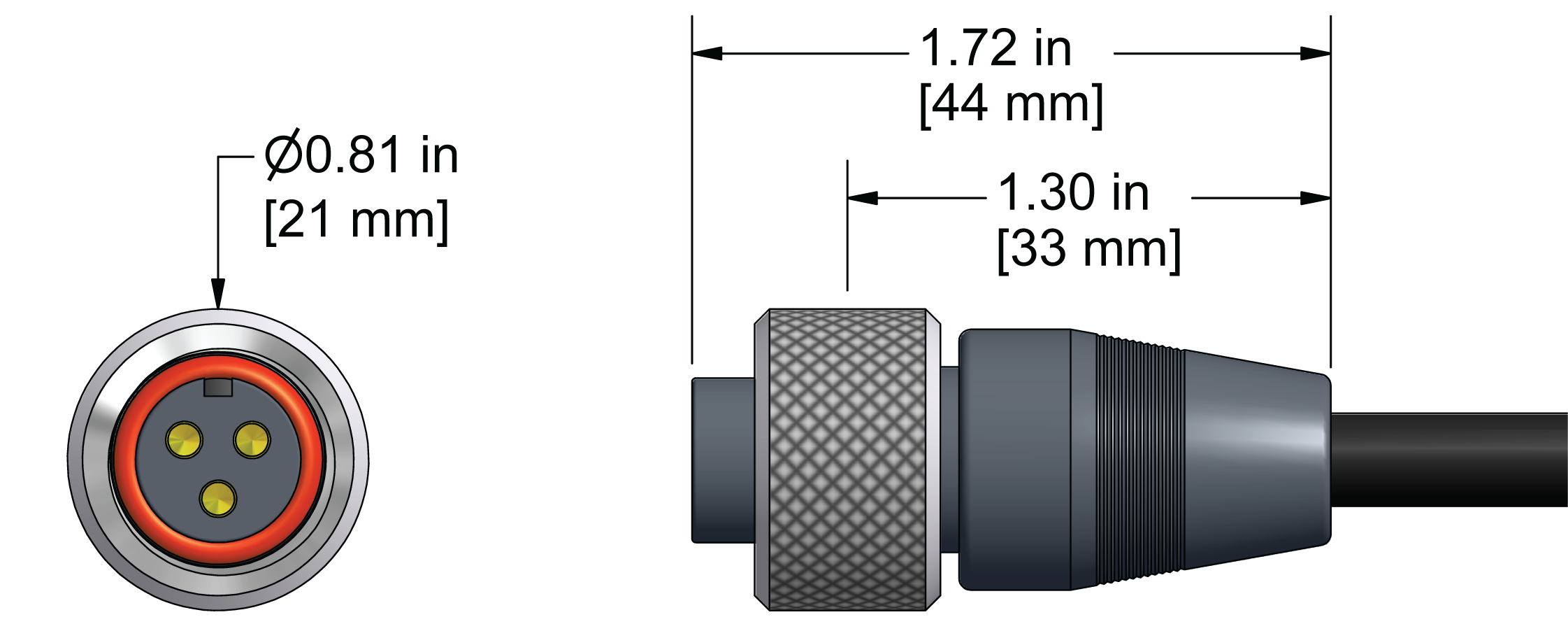 A line drawing showing the diameter and length of an assembled CTC A3R vibration sensor connector kit.