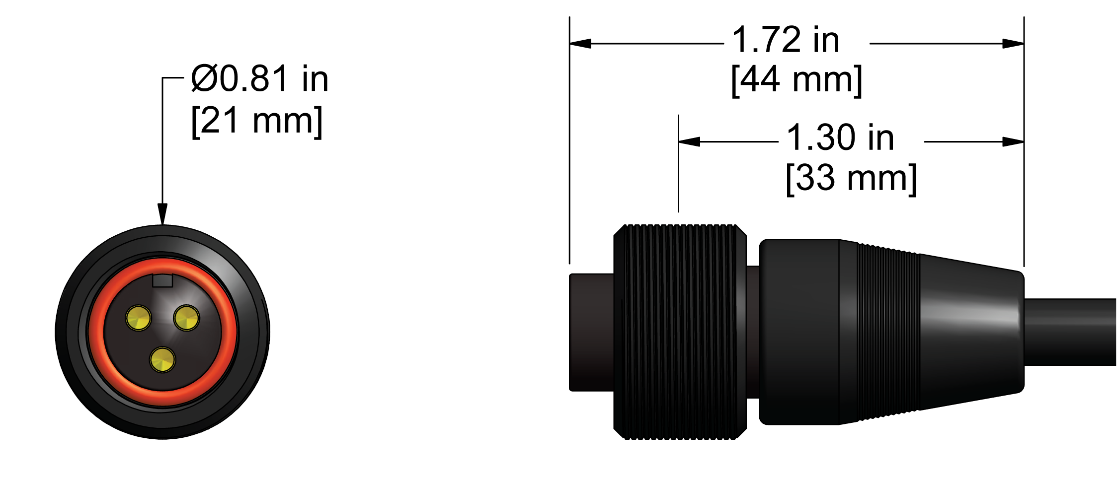 A line drawing showing the diameter and length of an assembled CTC A3S vibration sensor connector kit.