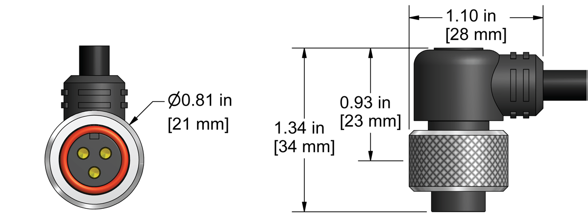 A line drawing showing the diameter and length of an assembled CTC A3U vibration sensor connector kit.