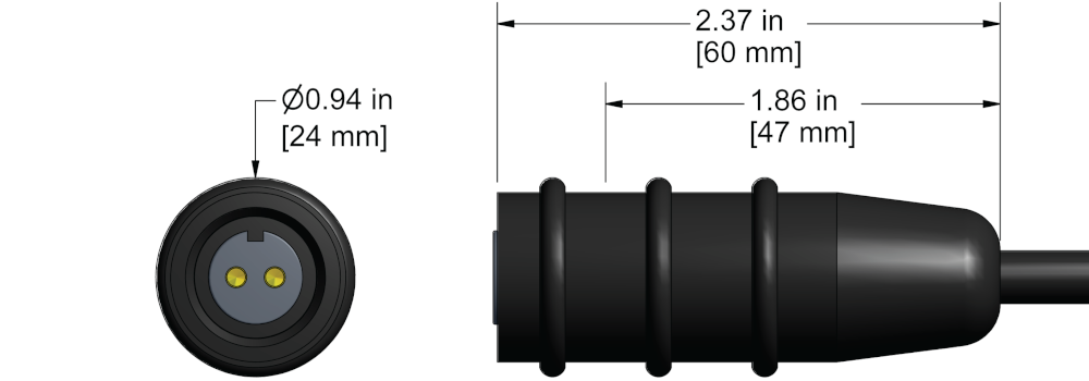 A line drawing showing the diameter and length of an assembled CTC B2N vibration sensor connector kit.