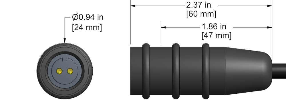 A line drawing showing the diameter and length of an assembled CTC B2R vibration sensor connector kit.