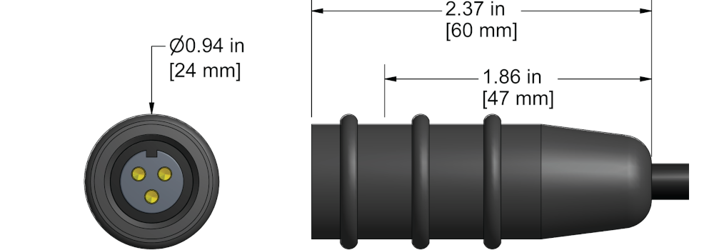 A line drawing showing the diameter and length of an assembled CTC B3A vibration sensor connector kit.