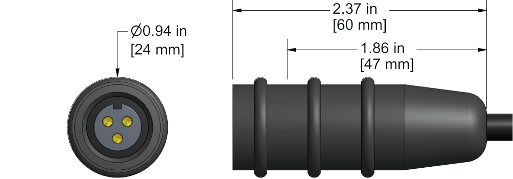 A line drawing showing the diameter and length of an assembled CTC B3R vibration sensor connector kit.