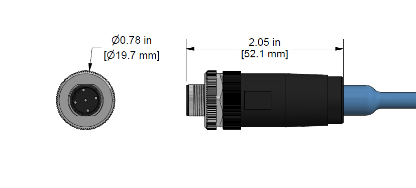A line drawing showing the diameter and length of an assembled CTC C307 vibration sensor connector kit.