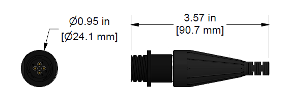 A line drawing showing the diameter and length of an assembled CTC C343 vibration sensor connector kit.