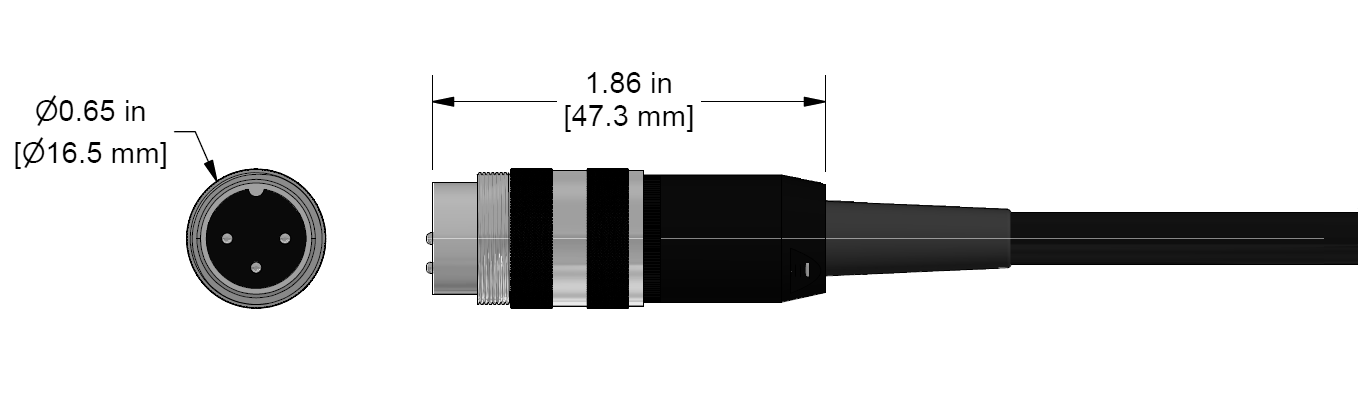 A line drawing showing the diameter and length of an assembled CTC C350 vibration sensor connector kit.