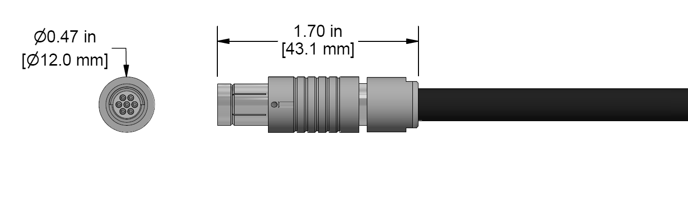A line drawing showing the diameter and length of an assembled CTC C364 vibration sensor connector kit.