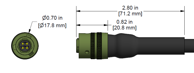 A line drawing showing the diameter and length of an assembled CTC C469 vibration sensor connector kit.
