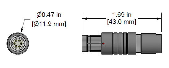 A line drawing showing the diameter and length of an assembled CTC C484 vibration sensor connector kit.