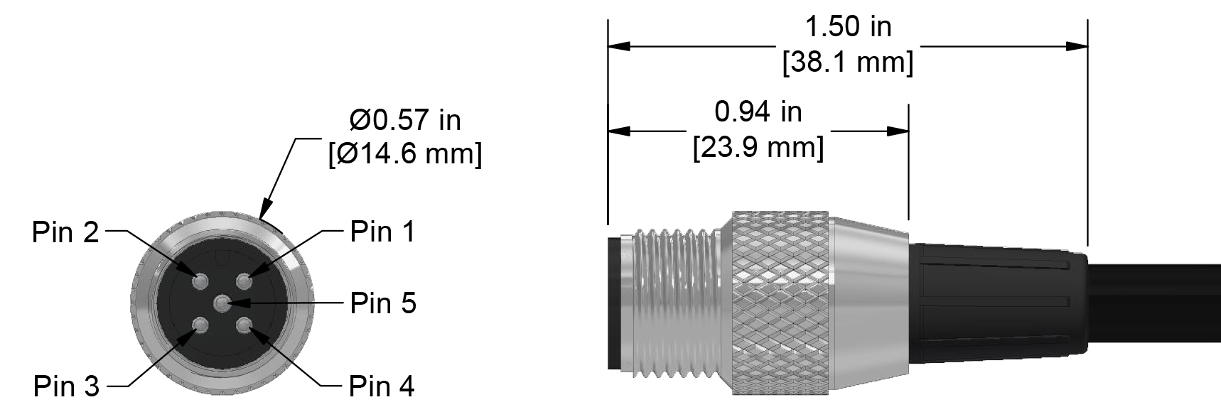 A line drawing showing the diameter and length of an assembled CTC C555E vibration sensor connector kit.
