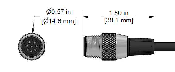 A line drawing showing the diameter and length of an assembled CTC C566 vibration sensor connector kit.