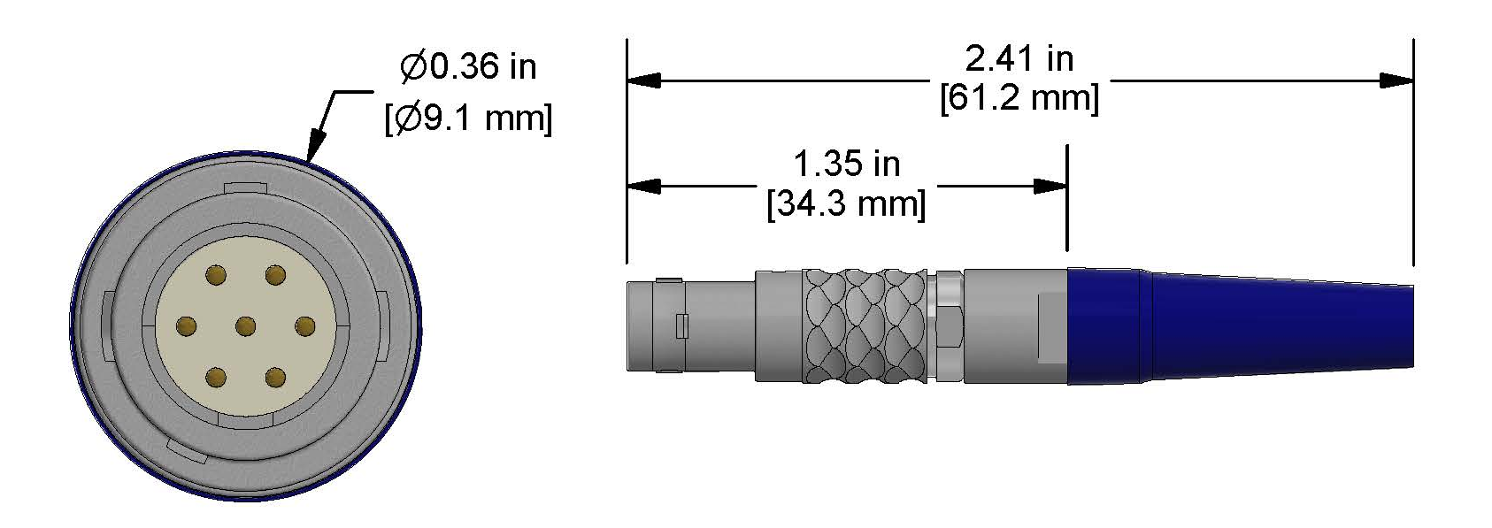 A line drawing showing the diameter and length of an assembled CTC C618 vibration sensor connector kit.