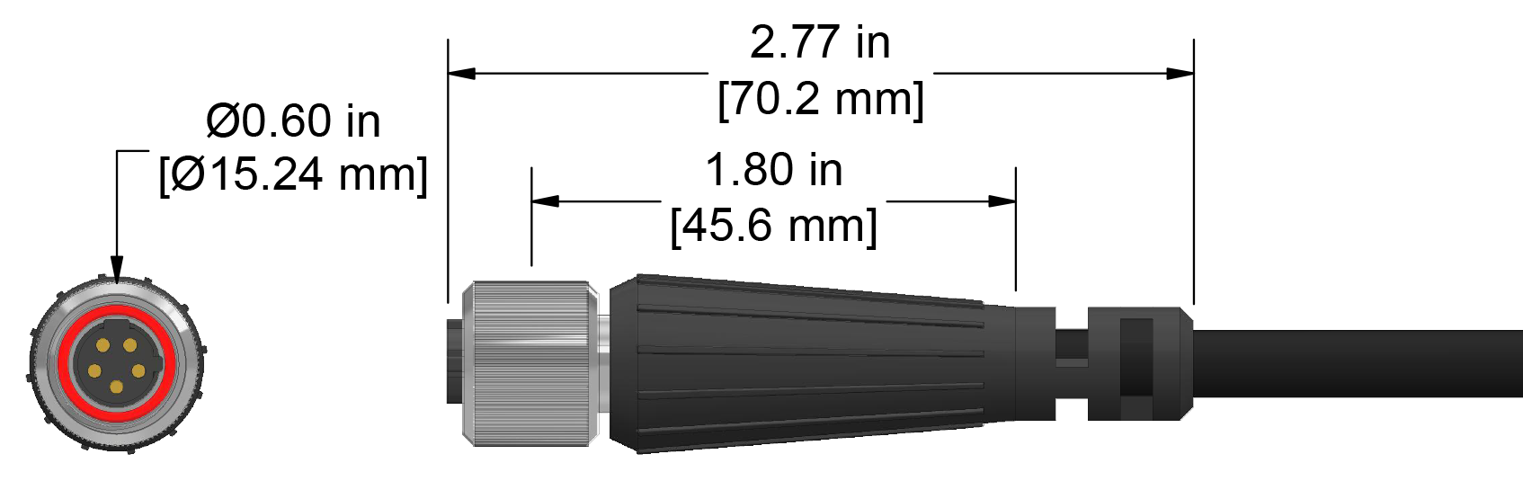 A line drawing showing the diameter and length of an assembled CTC C640 vibration sensor connector kit.