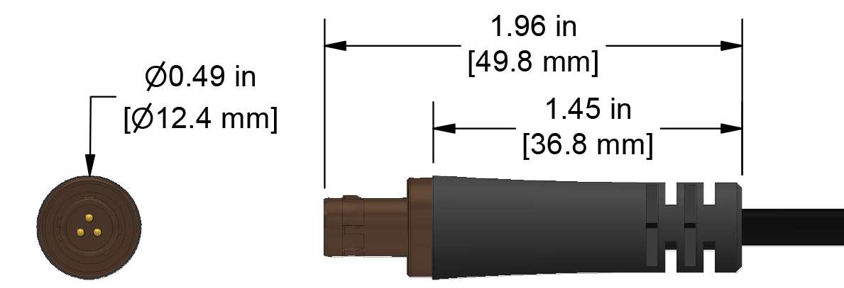 A line drawing showing the diameter and length of an assembled CTC C644 vibration sensor connector kit.