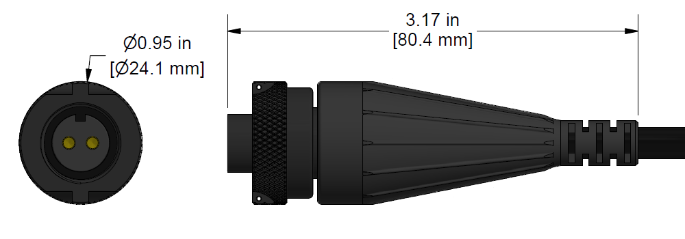A line drawing showing the diameter and length of an assembled CTC D2CE vibration sensor connector kit.