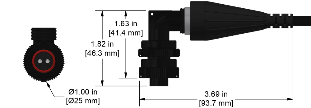 A line drawing showing the diameter and length of an assembled CTC D2DG1 vibration sensor connector kit.