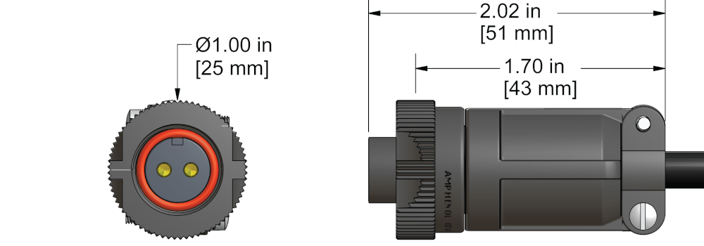 A line drawing showing the diameter and length of an assembled CTC D2H vibration sensor connector kit.