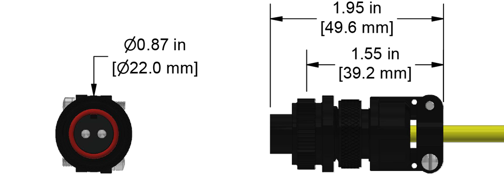 A line drawing showing the diameter and length of an assembled CTC D2J vibration sensor connector kit.
