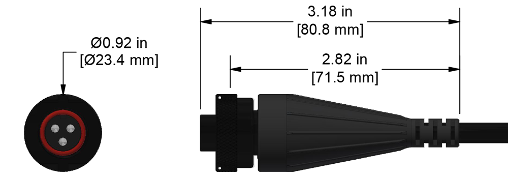 A line drawing showing the diameter and length of an assembled CTC D3C vibration sensor connector kit.