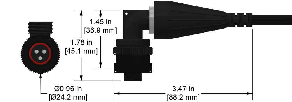 A line drawing showing the diameter and length of an assembled CTC D3D vibration sensor connector kit.