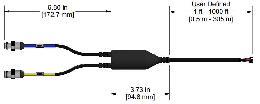 A line drawing showing the diameter and length of an assembled CTC E2DA vibration sensor connector kit.