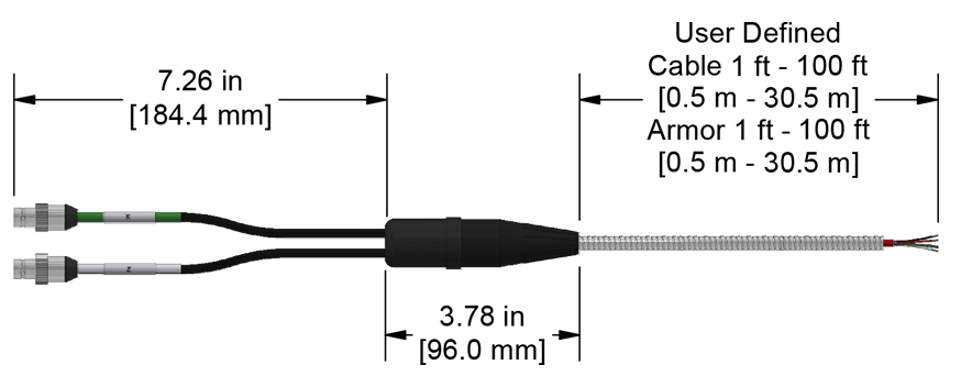 A line drawing showing the diameter and length of an assembled CTC E2XB vibration sensor connector kit.