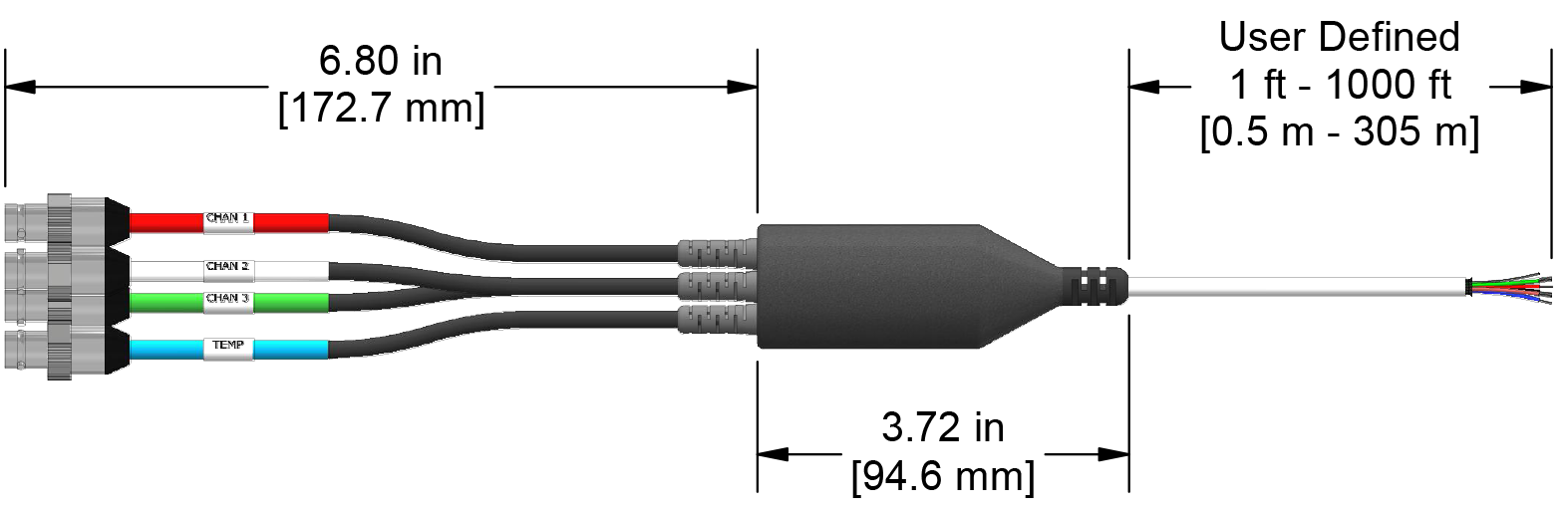 A line drawing showing the diameter and length of an assembled CTC E4DA vibration sensor connector kit.