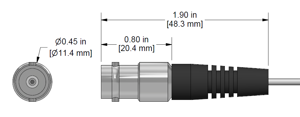 A line drawing showing the diameter and length of an assembled CTC EC vibration sensor connector kit.