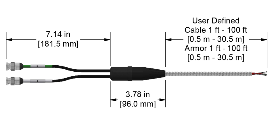 A line drawing showing the diameter and length of an assembled CTC F2XB vibration sensor connector kit.