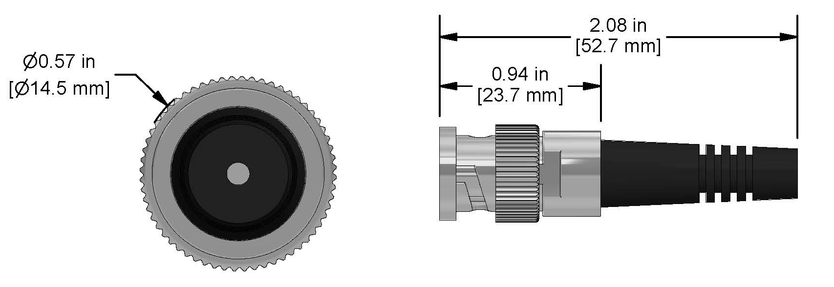 A line drawing showing the diameter and length of an assembled CTC FC vibration sensor connector kit.