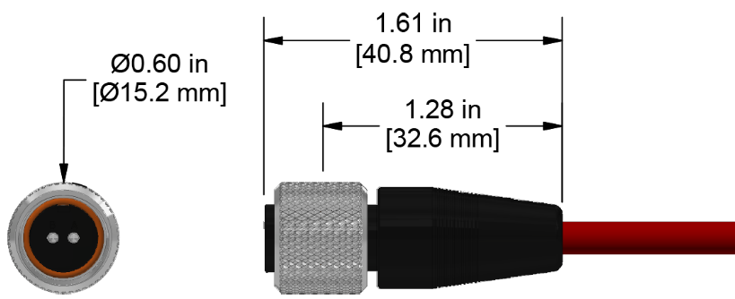 A line drawing showing the diameter and length of an assembled CTC J2AG vibration sensor connector kit.