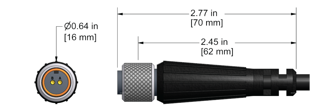 A line drawing showing the diameter and length of an assembled CTC J2C vibration sensor connector kit.