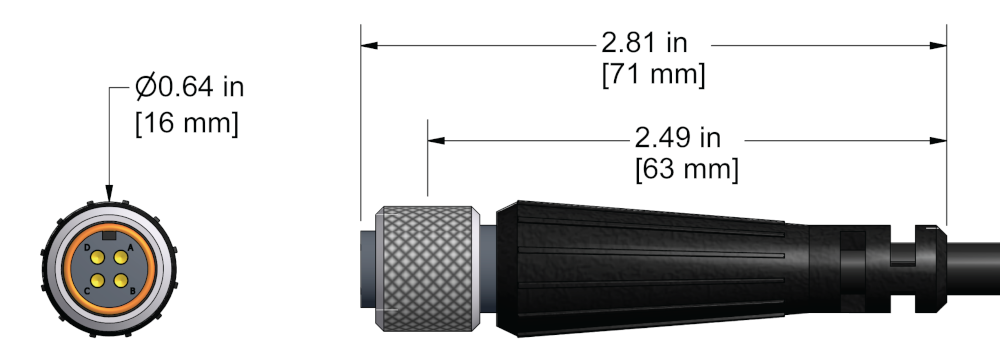 A line drawing showing the diameter and length of an assembled CTC J4C vibration sensor connector kit.
