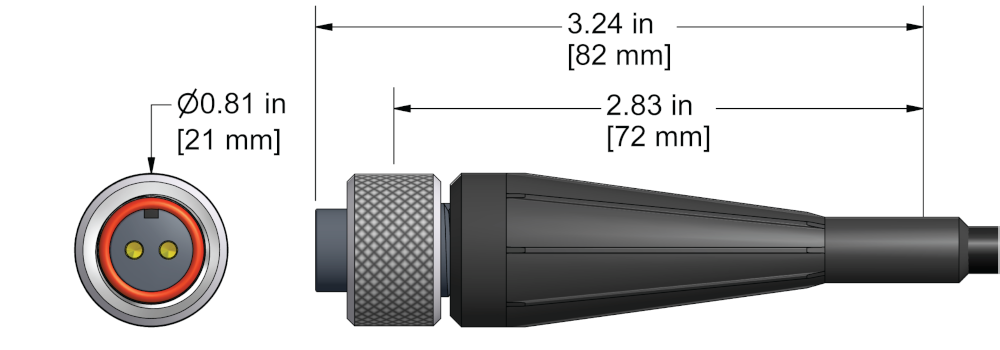A line drawing showing the diameter and length of an assembled CTC K2CG vibration sensor connector kit.