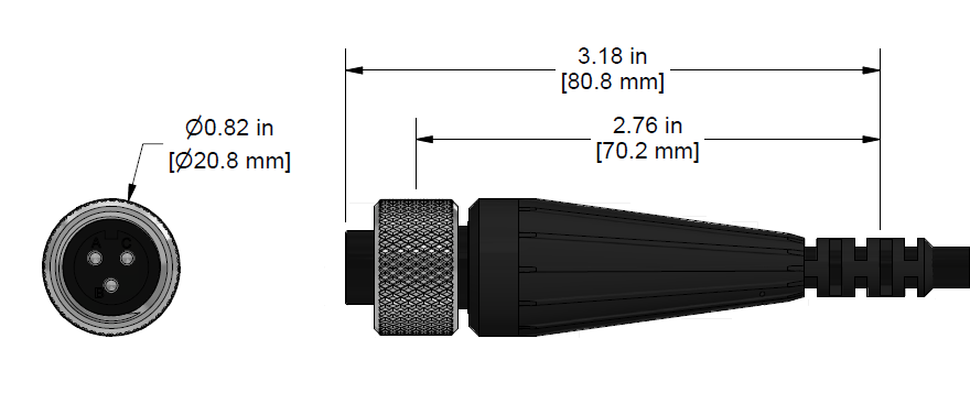 A line drawing showing the diameter and length of an assembled CTC K3C vibration sensor connector kit.