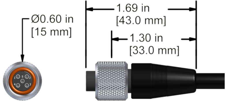 A line drawing showing the diameter and length of an assembled CTC M2A vibration sensor connector kit.