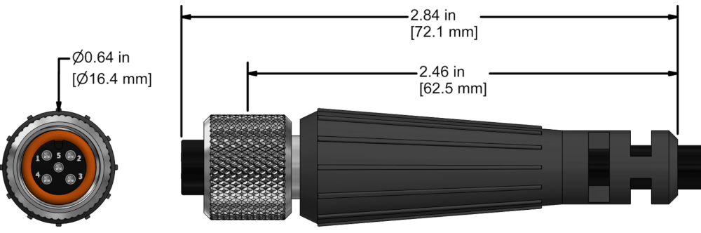A line drawing showing the diameter and length of an assembled CTC M2C vibration sensor connector kit.