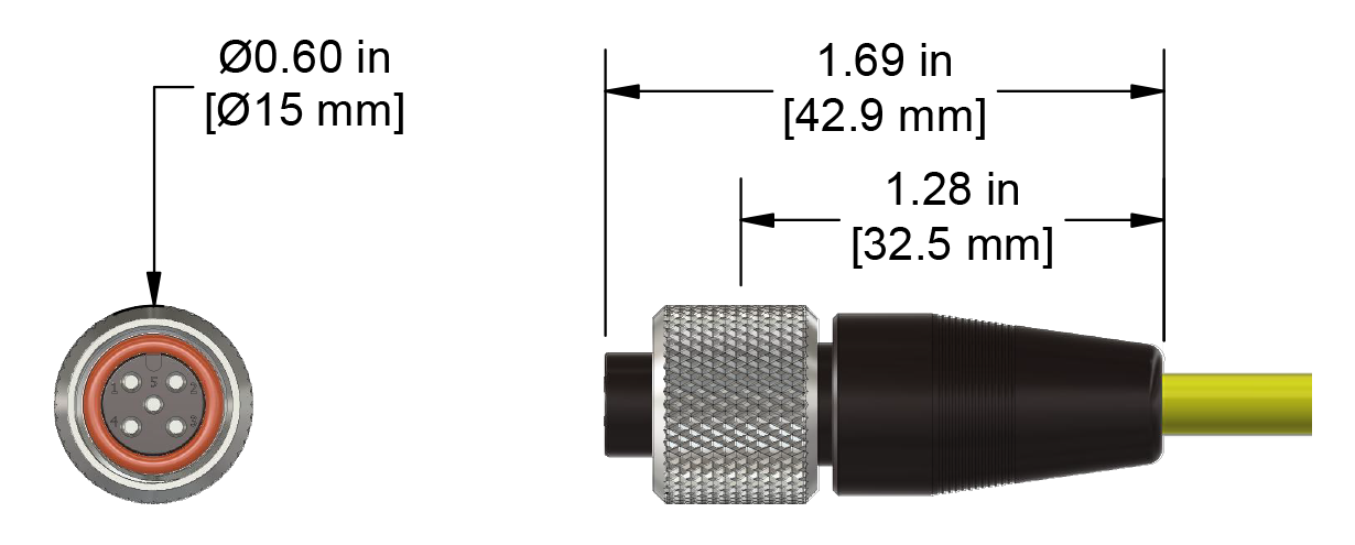 A line drawing showing the diameter and length of an assembled CTC M2R vibration sensor connector kit.