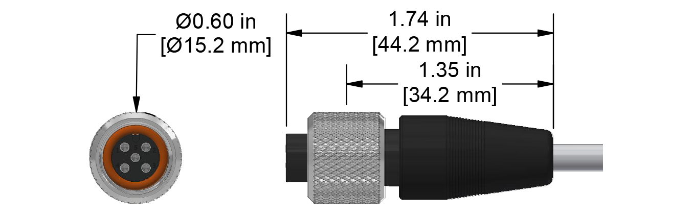 A line drawing showing the diameter and length of an assembled CTC M3T vibration sensor connector kit.