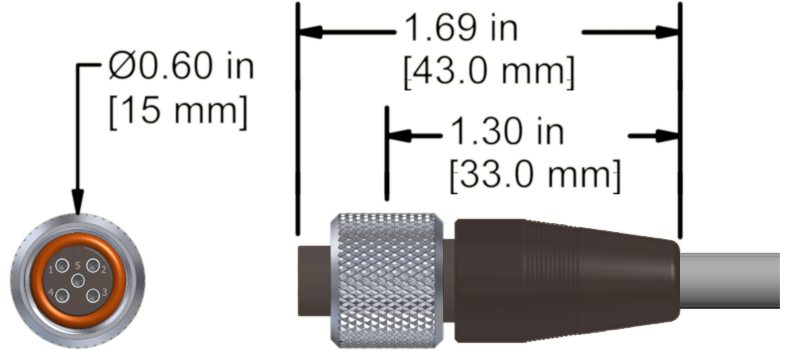 A line drawing showing the diameter and length of an assembled CTC M4RTR2 vibration sensor connector kit.