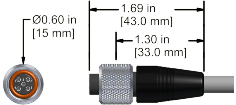 A line drawing showing the diameter and length of an assembled CTC M4TR2 vibration sensor connector kit.