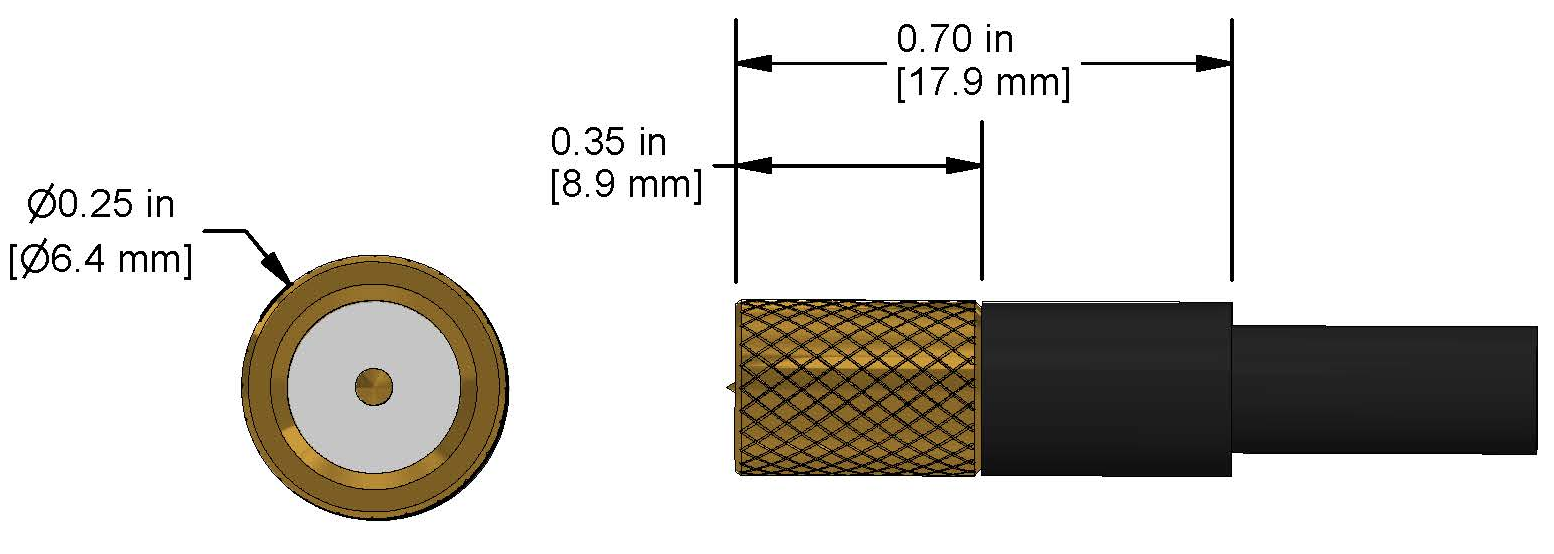 A line drawing showing the diameter and length of an assembled CTC MD10 vibration sensor connector kit.
